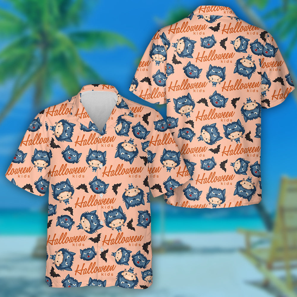 Boy And Girl Wearing Halloween Fancy Wolf Hat Hawaiian Shirt, Hawaiian Shirt Gift, Christmas Gift