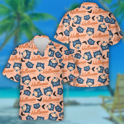 Boy And Girl Wearing Halloween Fancy Wolf Hat Hawaiian Shirt, Hawaiian Shirt Gift, Christmas Gift