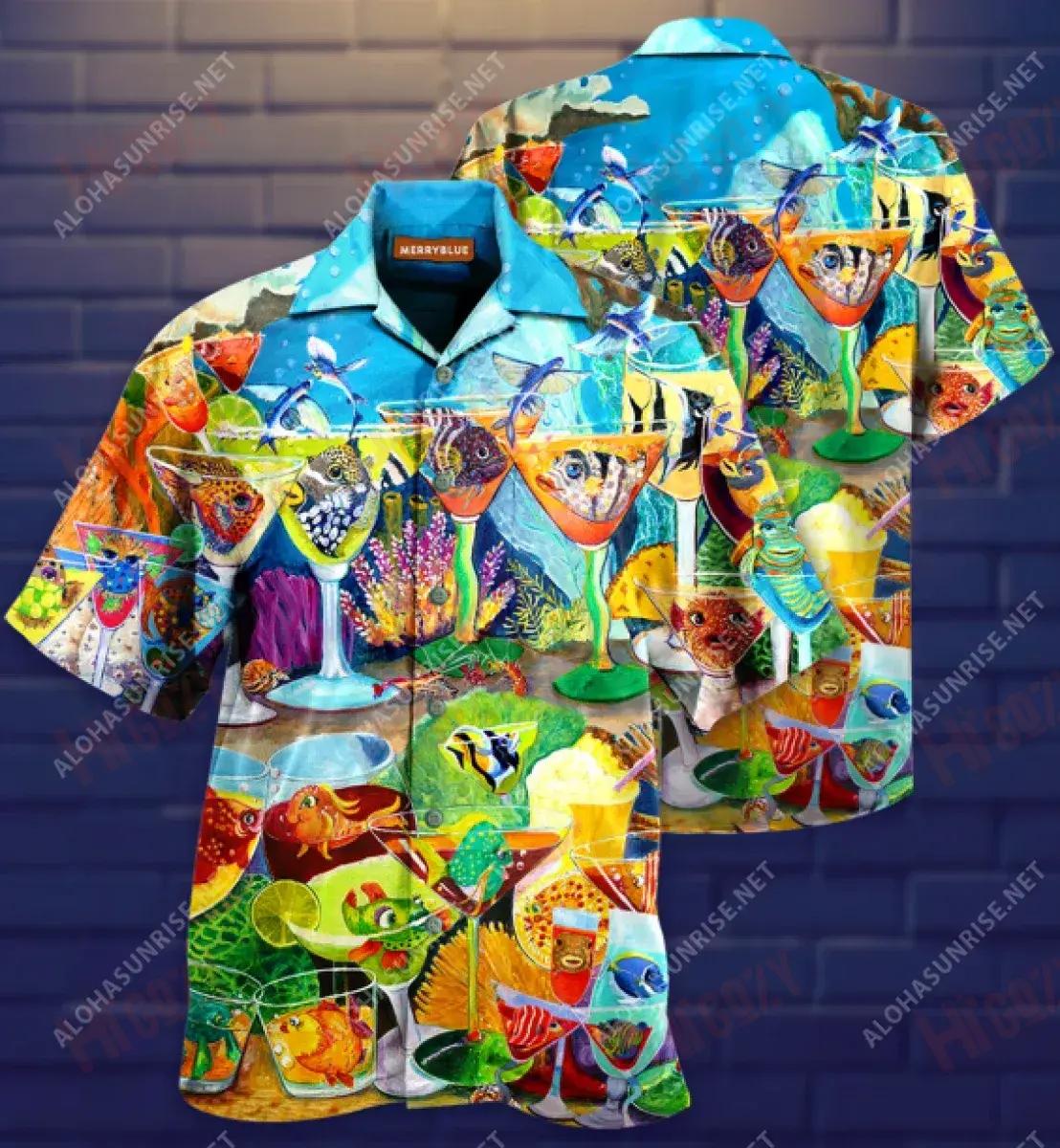 Dr-Ink Like A Fish Cocktail Unisex Hawaiian Shirt Vacation Short Sleeve Best Hawaiian Shirts Hawaiian Shirts For Men, Hawaiian Shirt Gift, Christmas Gift
