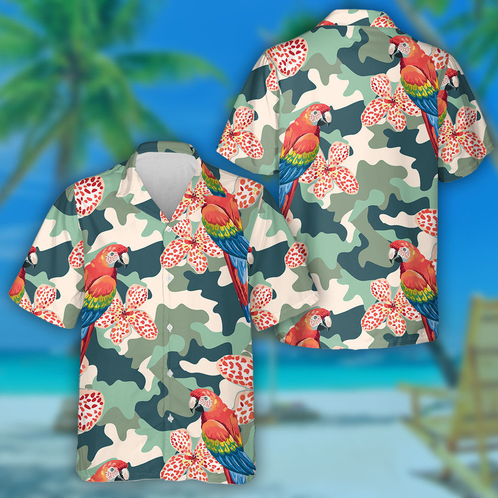 Trendy Painting Of Parrot Canna Flowers On Camo Background Hawaiian Shirt, Hawaiian Shirt Gift, Christmas Gift