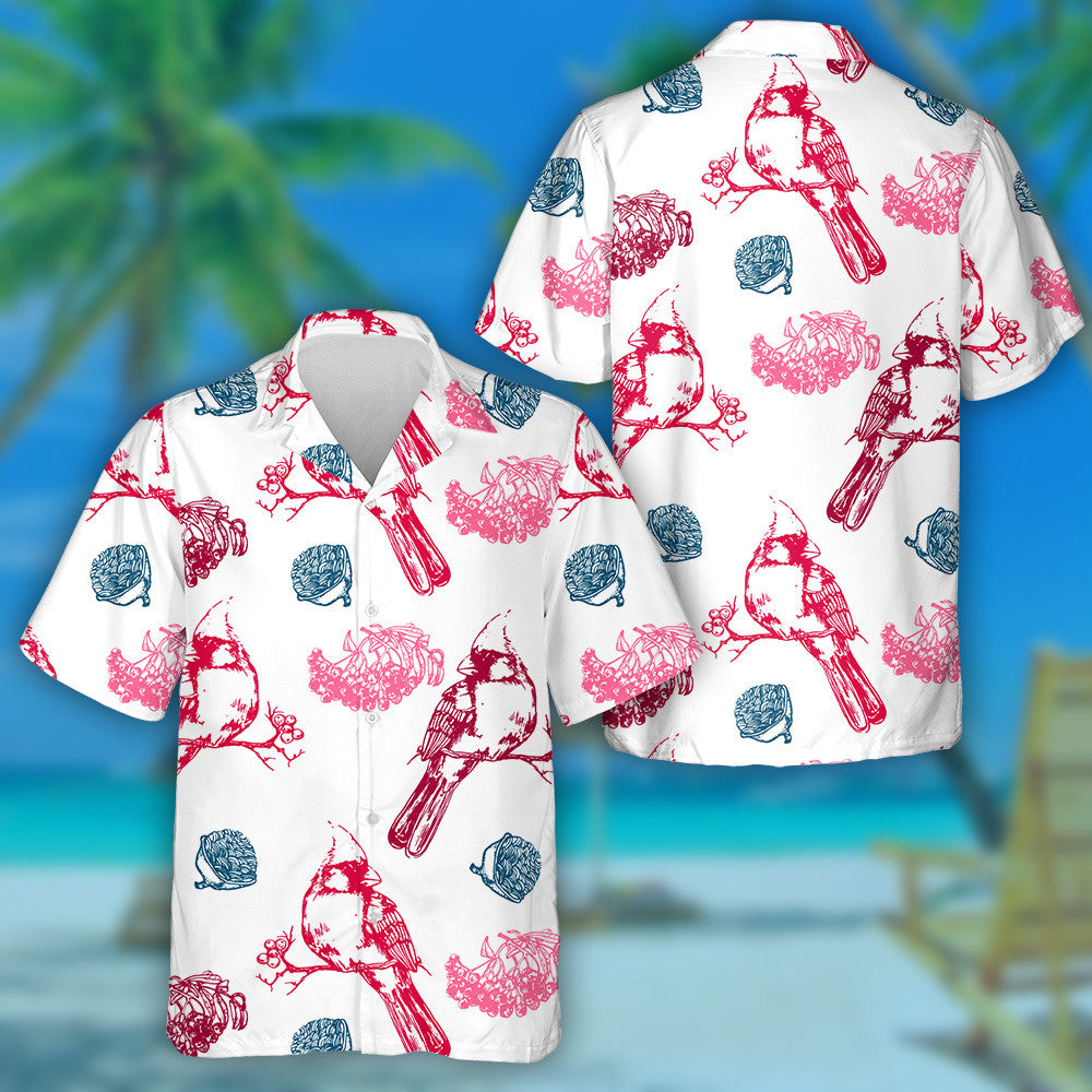 Little Funny Red Cardinal Bird Hand Drawing Hawaiian Shirt, Hawaiian Shirt Gift, Christmas Gift