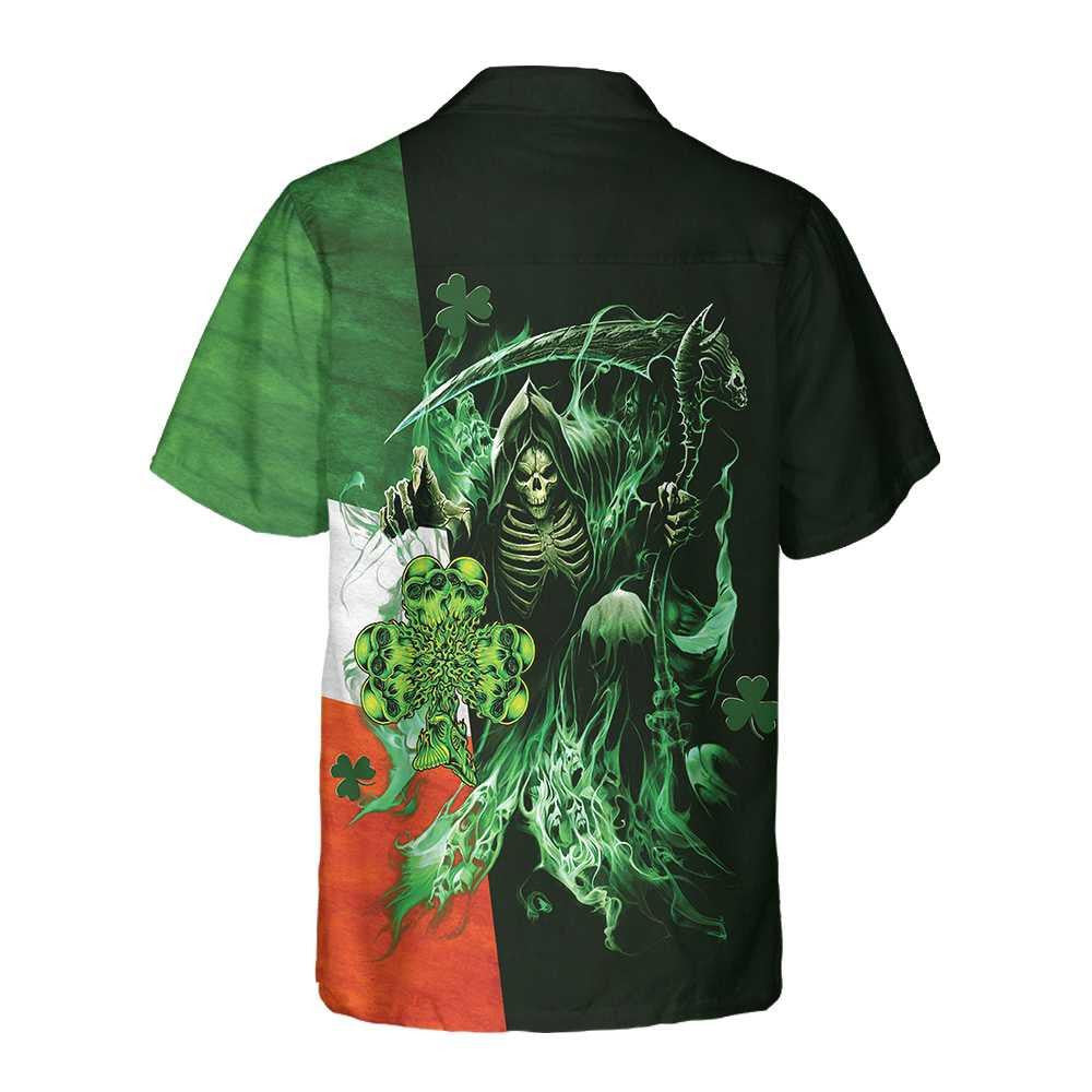 Irish Grim Reaper Skull Clovers Dark Green Theme Hawaiian Shirt, Hawaiian Shirt Gift, Christmas Gift