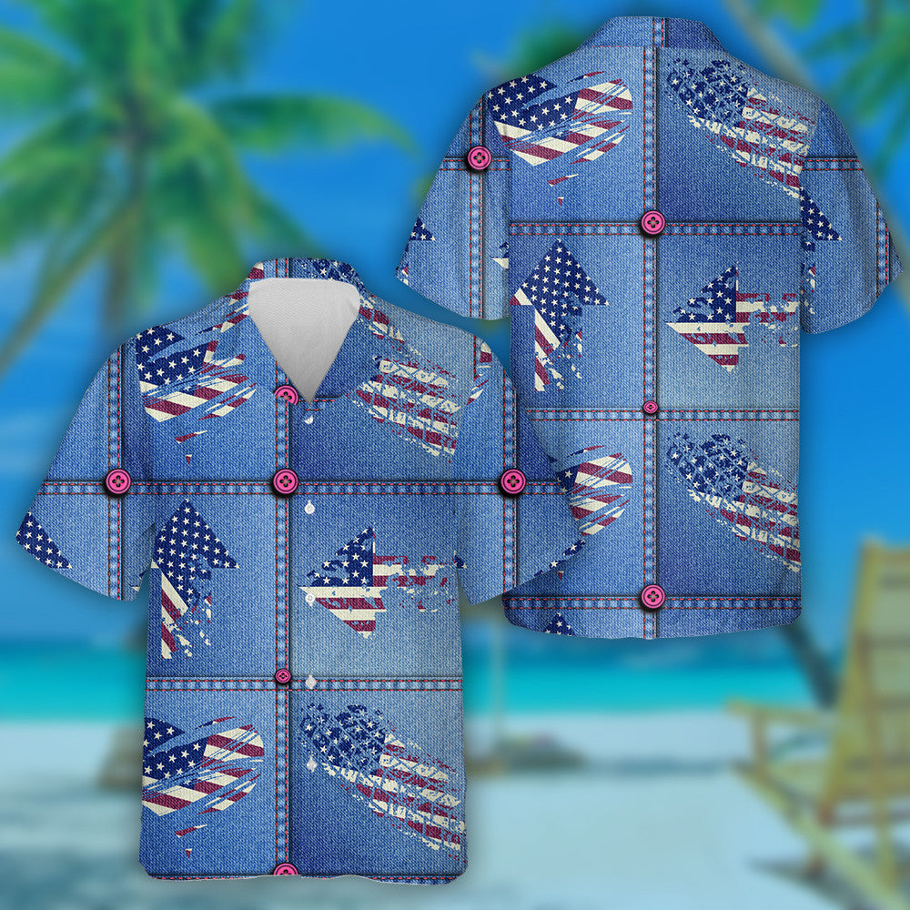 Jean Patchwork With Ggrunge Elements Of American Flag Hawaiian Shirt, Hawaiian Shirt Gift, Christmas Gift