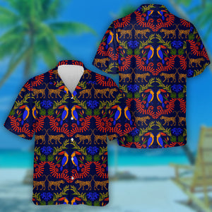 Wild African Leopard With Tropical Damask Hawaiian Shirt, Hwaiian For Gift