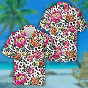 Wild African Leopard Skin And Retro Flowers Hawaiian Shirt, Hawaiian Shirt Gift, Christmas Gift