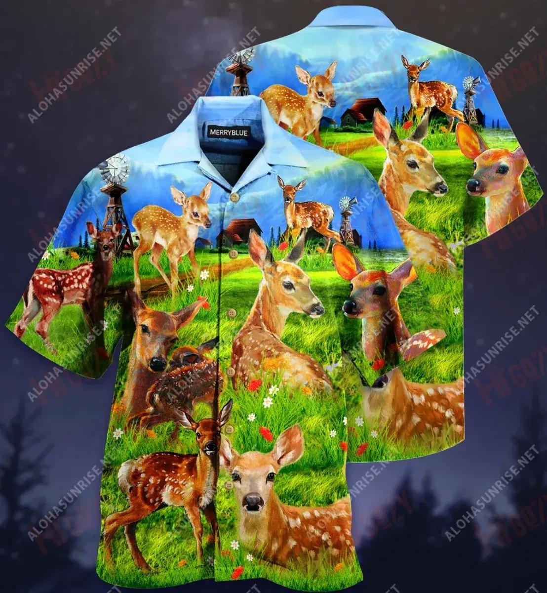 Deers On The Grass Filed Unisex Hawaiian Shirt Hobbies Short Sleeve Best Hawaiian Shirts Funny Hawaiian Shirt, Hawaiian Shirt Gift, Christmas Gift