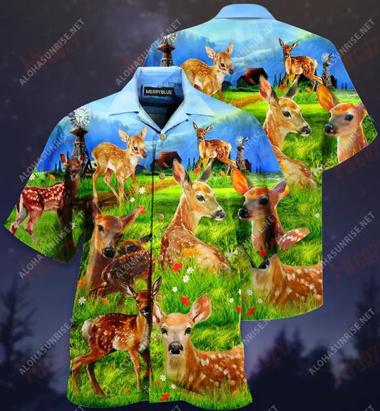 Deers On The Grass Filed Unisex Hawaiian Shirt Hobbies Short Sleeve Best Hawaiian Shirts Funny Hawaiian Shirt, Hawaiian Shirt Gift, Christmas Gift