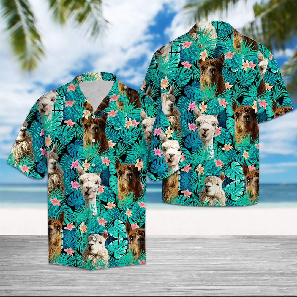 Llama Tropical Palm Tree Leaves Summer Vacation Aloha Hawaiian Shirt, Hawaiian Shirt Gift, Christmas Gift