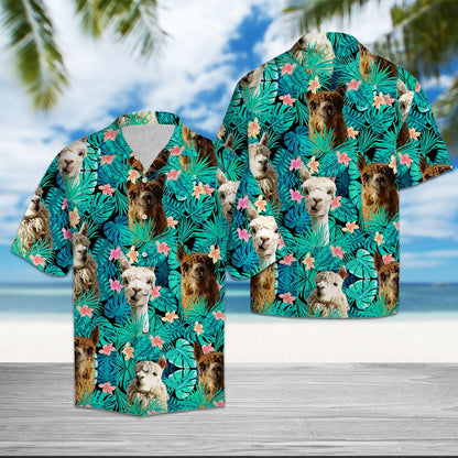 Llama Tropical Palm Tree Leaves Summer Vacation Aloha Hawaiian Shirt, Hawaiian Shirt Gift, Christmas Gift