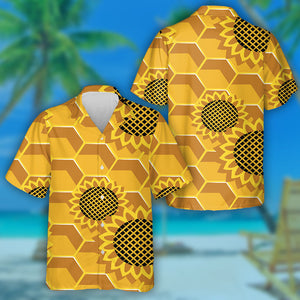 Abstract Hexagon Honey From Sunflower Flowers In A Honeycomb Hawaiian Shirt, Hawaiian Shirt Gift, Christmas Gift