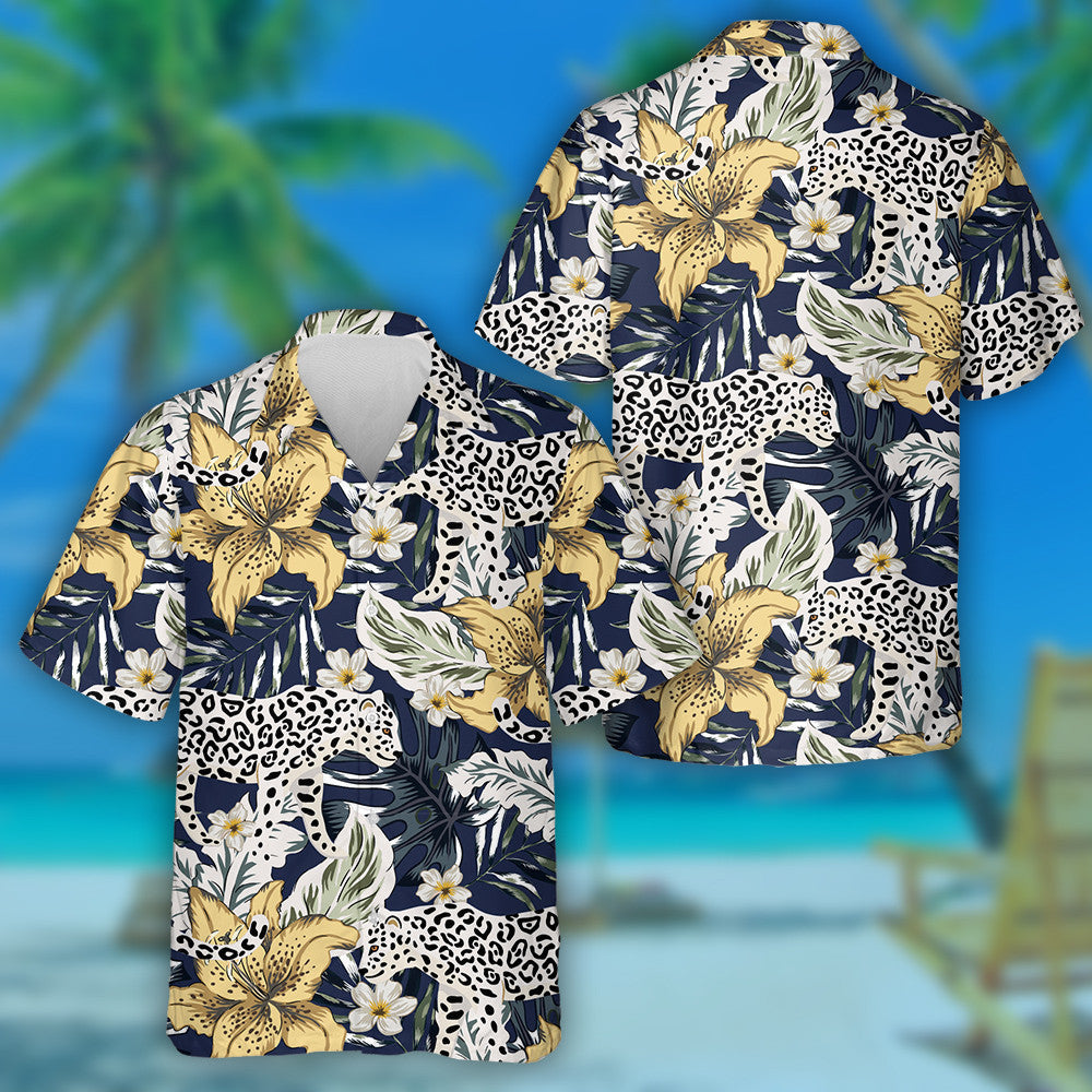Tropical Leopard Animal Lily Flowers And Palm Leaves Hawaiian Shirt, Hawaiian Shirt Gift, Christmas Gift