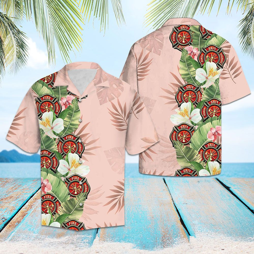 Tropical Firefighter With Green Leaves On Pink Pattern Hawaiian Shirt, Hawaiian Shirt Gift, Christmas Gift