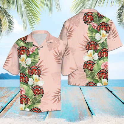 Tropical Firefighter With Green Leaves On Pink Pattern Hawaiian Shirt, Hawaiian Shirt Gift, Christmas Gift