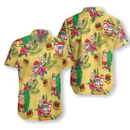 Merry Christmas Santa Claus Surfing Yellow Background Hawaiian Shirt, Hawaiian Shirt Gift, Christmas Gift