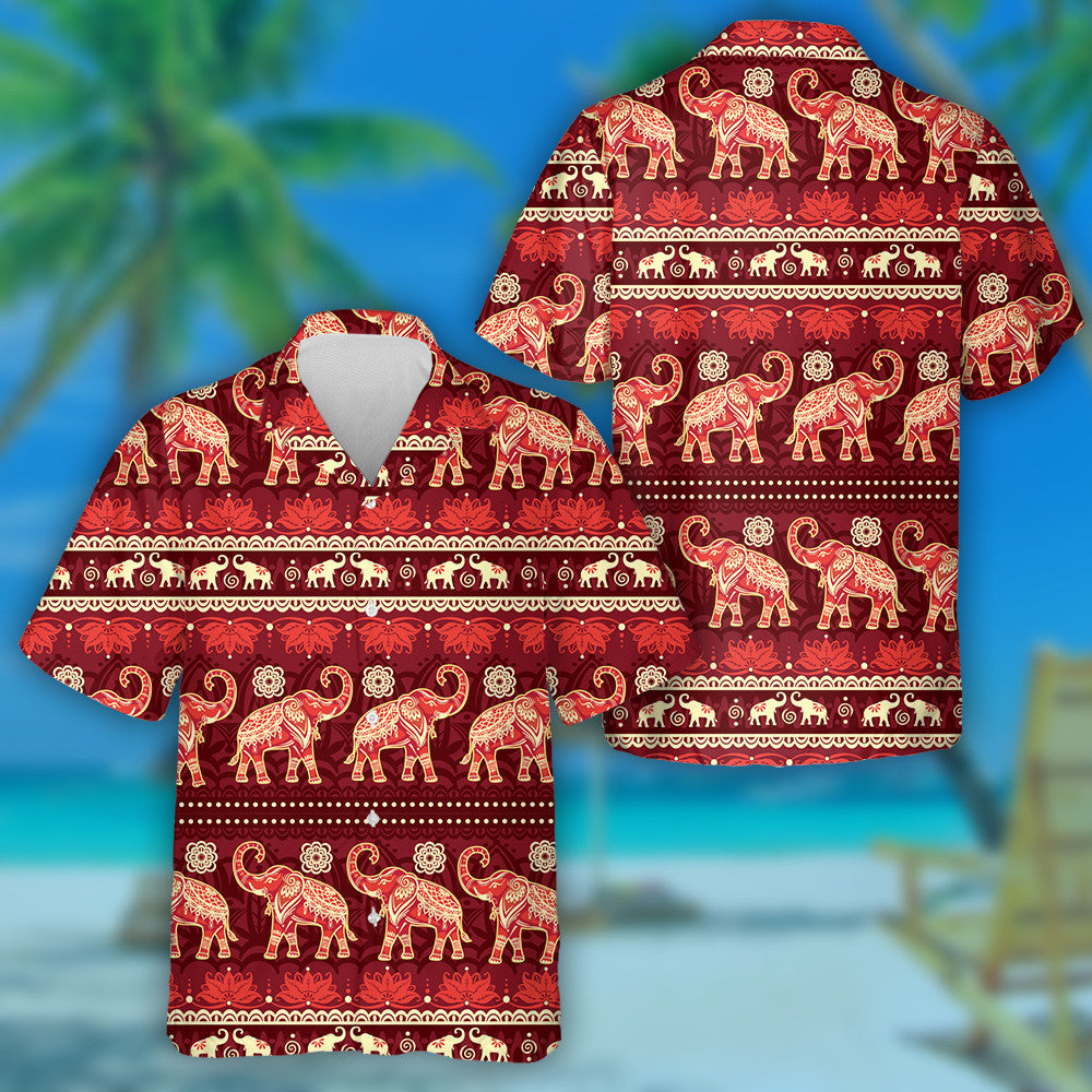 Indian Ethnic Elephant And Flower On Red Background Hawaiian Shirt, Hawaiian Shirt Gift, Christmas Gift