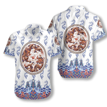 Chinoiserie Dragon White Background Pattern Hawaiian Shirt, Hawaiian For Gift
