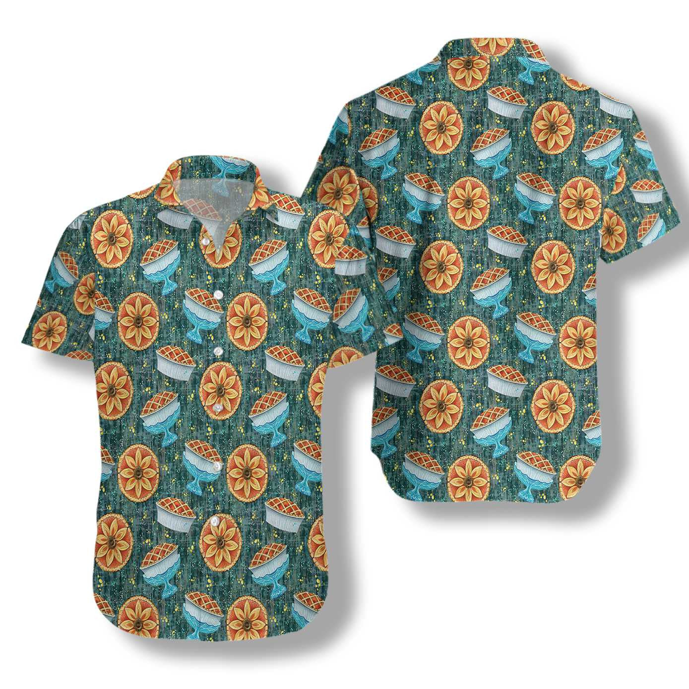 Dark Cyan Background Thanksgiving Autumn Pie Design Hawaiian Shirt, Hawaiian Shirt Gift, Christmas Gift
