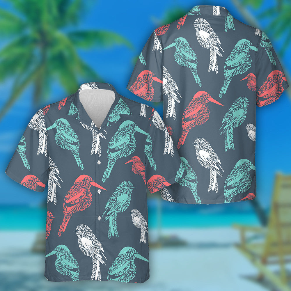 Red Mint And White Bird On Blue Background Hawaiian Shirt, Hawaiian Shirt Gift, Christmas Gift