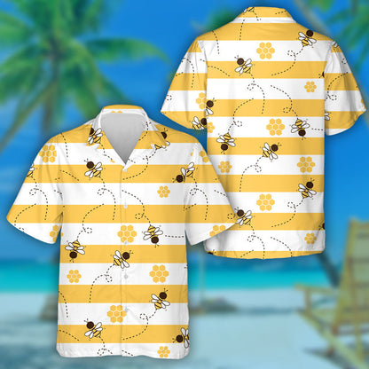 Bee Cartoons And Honeycomb On Yellow White Stripe Hawaiian Shirt, Hawaiian Shirt Gift, Christmas Gift