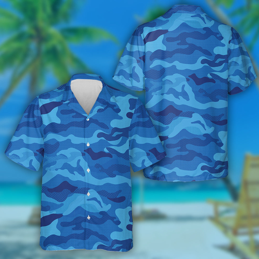 Military Aqua Blue Grid Camouflage Pattern Hawaiian Shirt, Hawaiian Shirt Gift, Christmas Gift