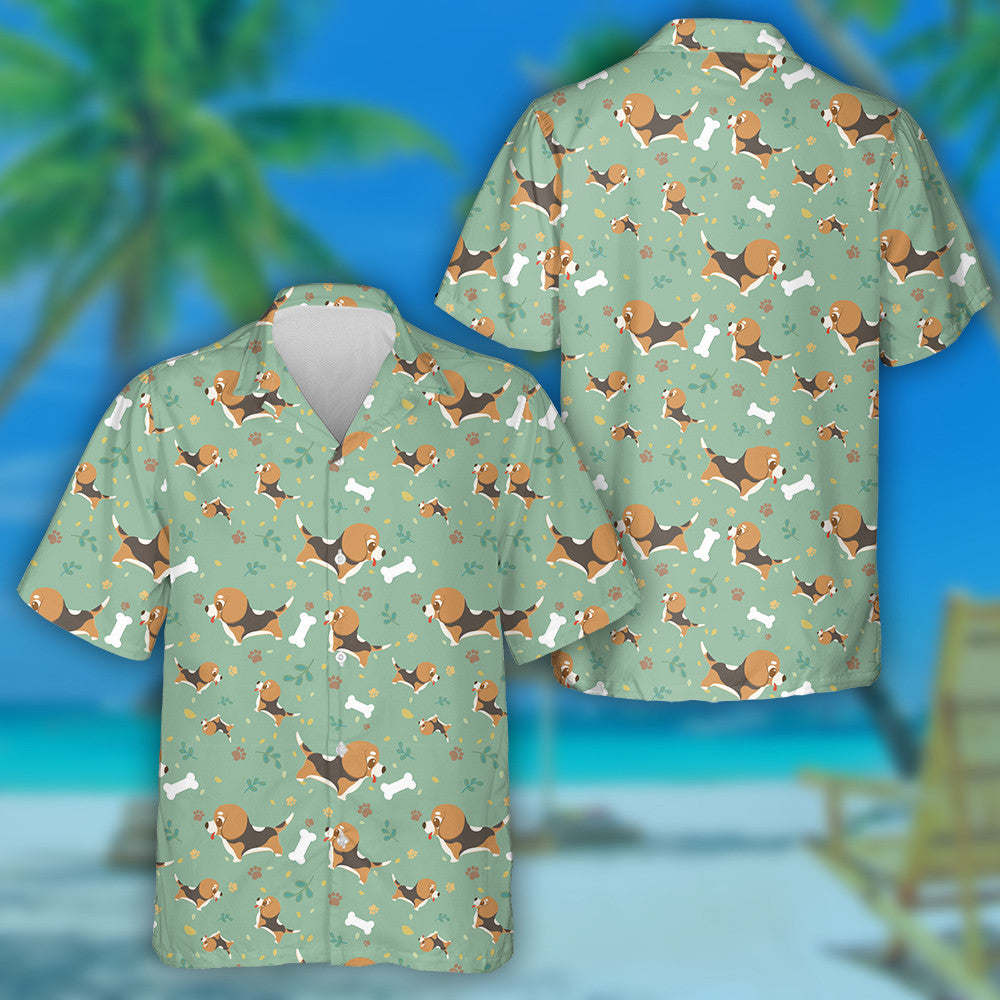 Cartoon Beagle With Paws Leaves And Bones Hawaiian Shirt, Hawaiian Shirt Gift, Christmas Gift