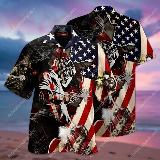 Patriotic Welder Unisex Hawaiian Shirt Ocean Short Sleeve Tactical Hawaiian Shirt Hawaiian Shirt Pattern, Hawaiian Shirt Gift, Christmas Gift