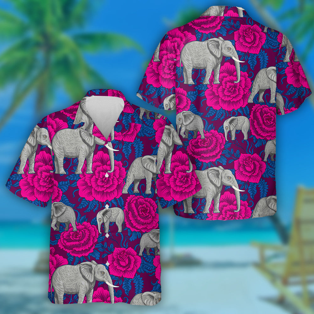 African Elephants With Dark Pink Rose Flowers Hawaiian Shirt, Hawaiian Shirt Gift, Christmas Gift