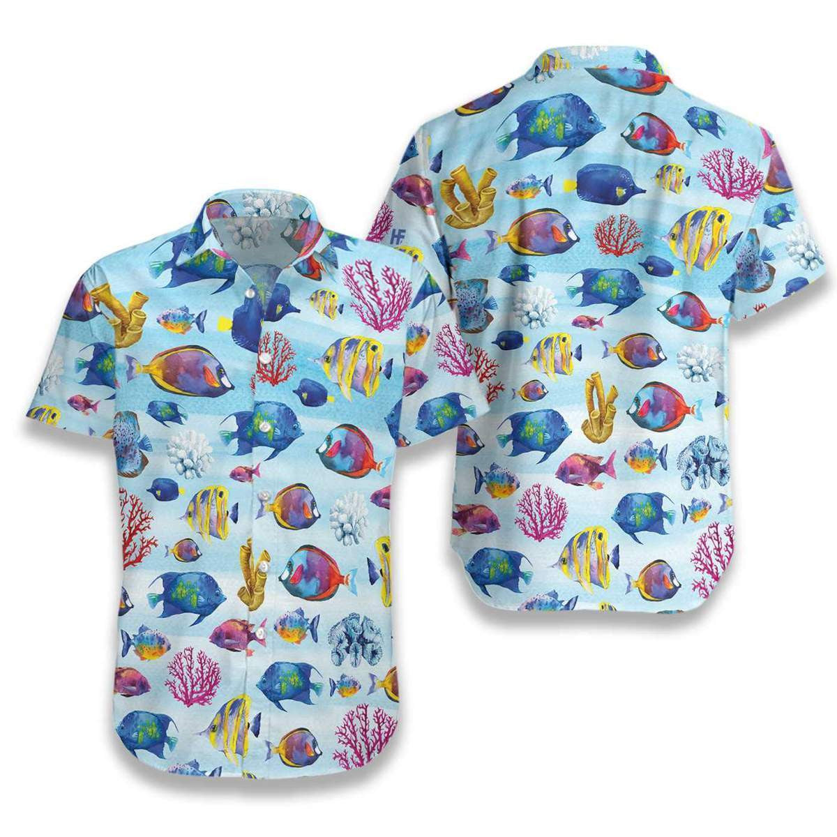 Fish And Corals On Blue Background Pattern Hawaiian Shirt, Hawaiian Shirt Gift, Christmas Gift
