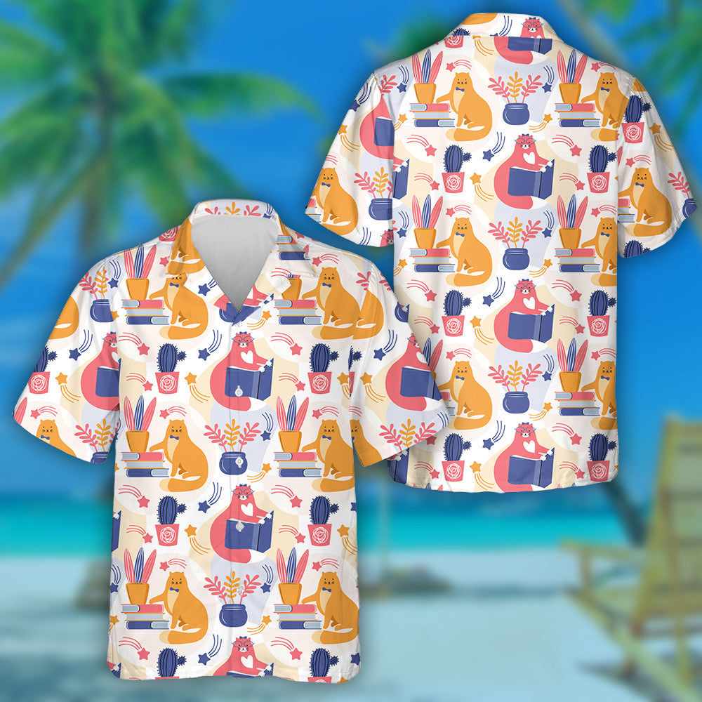 Smart Pink And Orange Cat Reading A Book Hawaiian Shirt, Hawaiian Shirt Gift, Christmas Gift