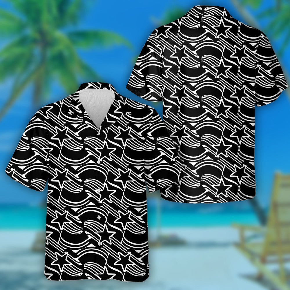 Black And White Outline Striped And Stars Pattern Hawaiian Shirt, Hawaiian Shirt Gift, Christmas Gift