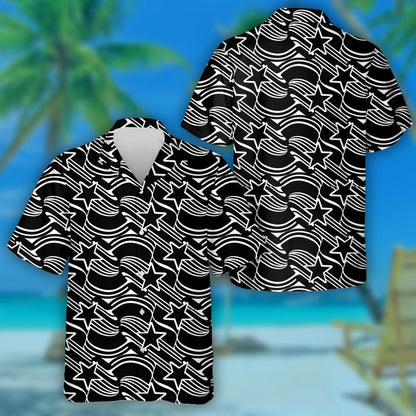 Black And White Outline Striped And Stars Pattern Hawaiian Shirt, Hawaiian Shirt Gift, Christmas Gift