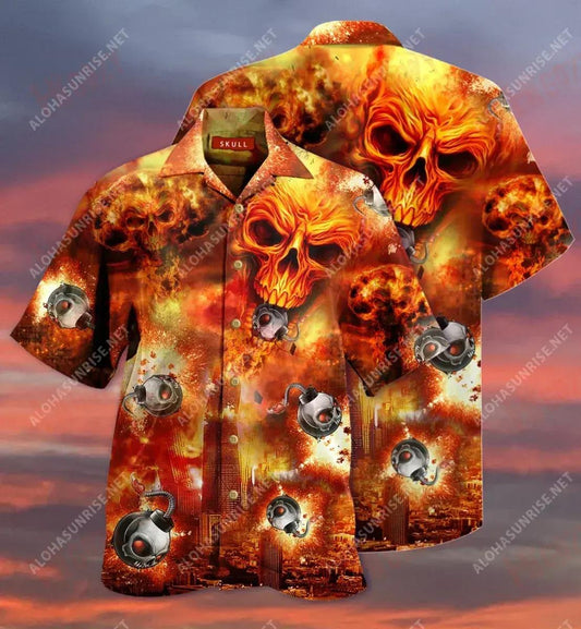Skull Bombs Destroy A City Short Hawaiian Shirt Ocean Hawaiian T Shirts Custom Hawaiian Shirts Crazy Shirts Hawaii, Hawaiian Shirt Gift, Christmas Gift