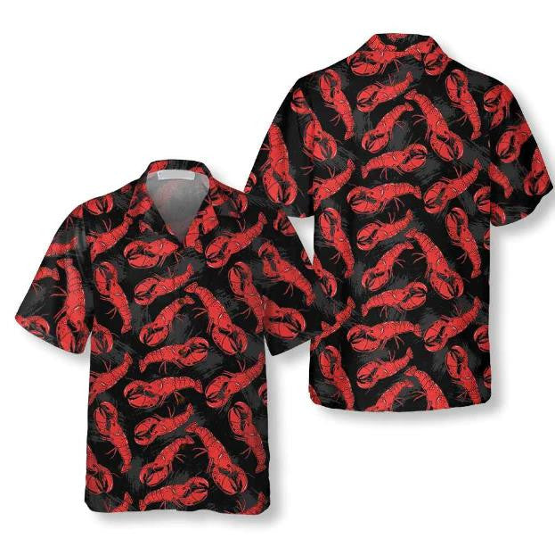 Tropical Lobster Hand Drawn Pattern Black Theme Hawaiian Shirt, Hawaiian Shirt Gift, Christmas Gift