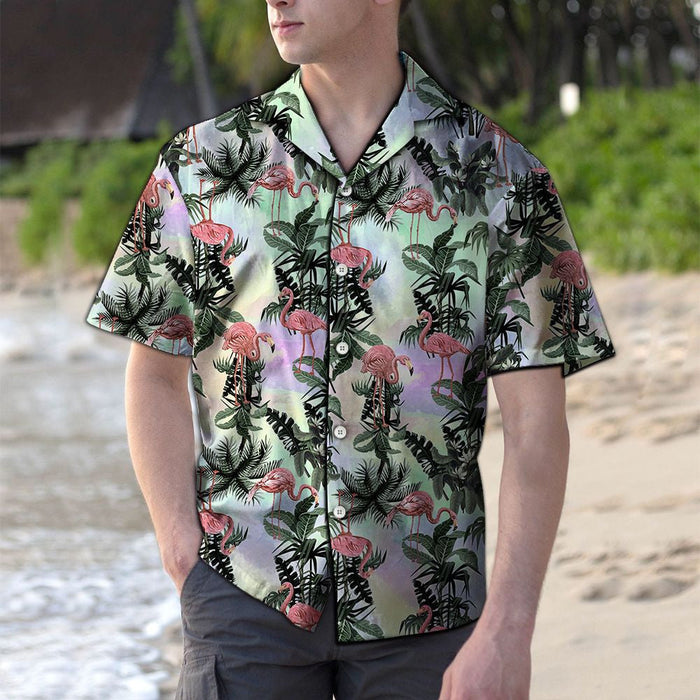 Flamingo Seeking Food With Tropical Leaves Hawaiian Shirt,Hawaiian Shirt Gift, Christmas Gift