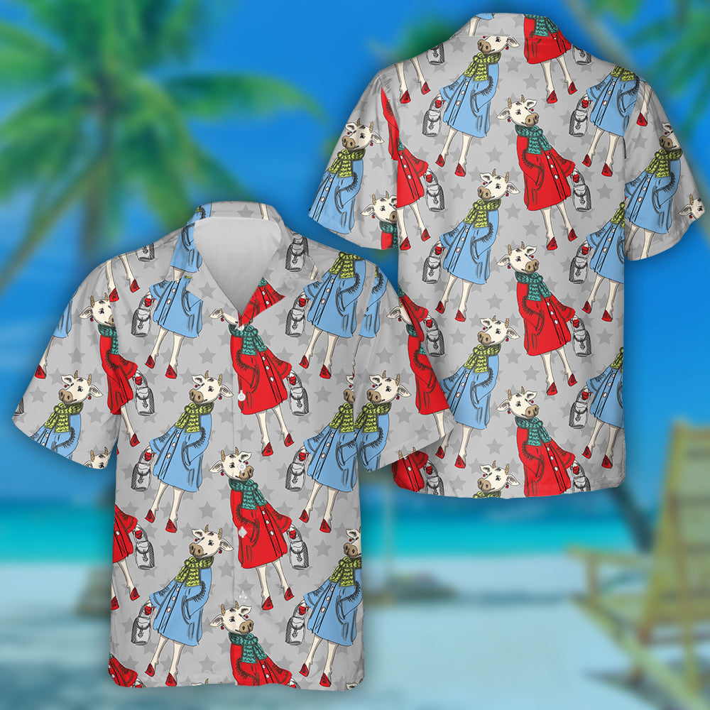 Funny Dressed Cow With Scarf Coat And Bag Hawaiian Shirt, Hawaiian Shirt Gift, Christmas Gift