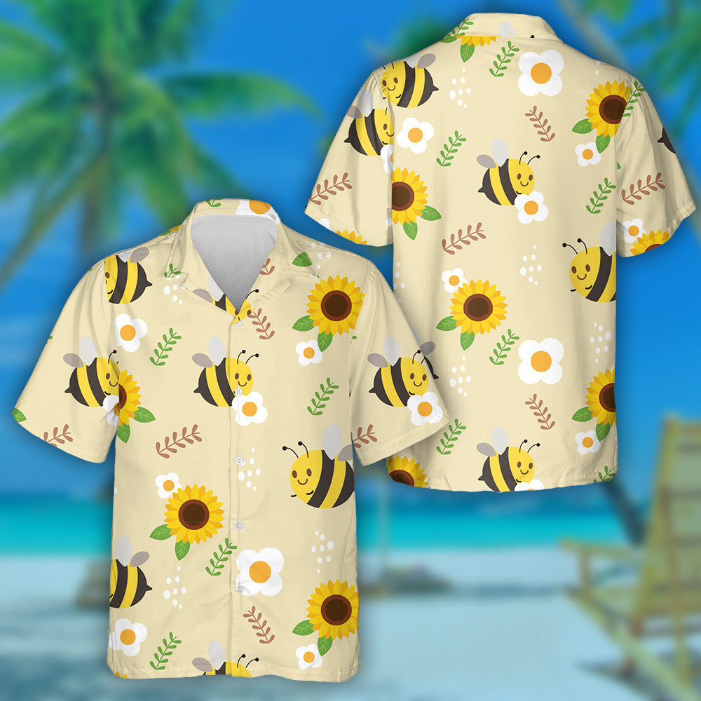 Bee Sunflower And White Flower With Leaves Hawaiian Shirt, Hawaiian Shirt Gift, Christmas Gift