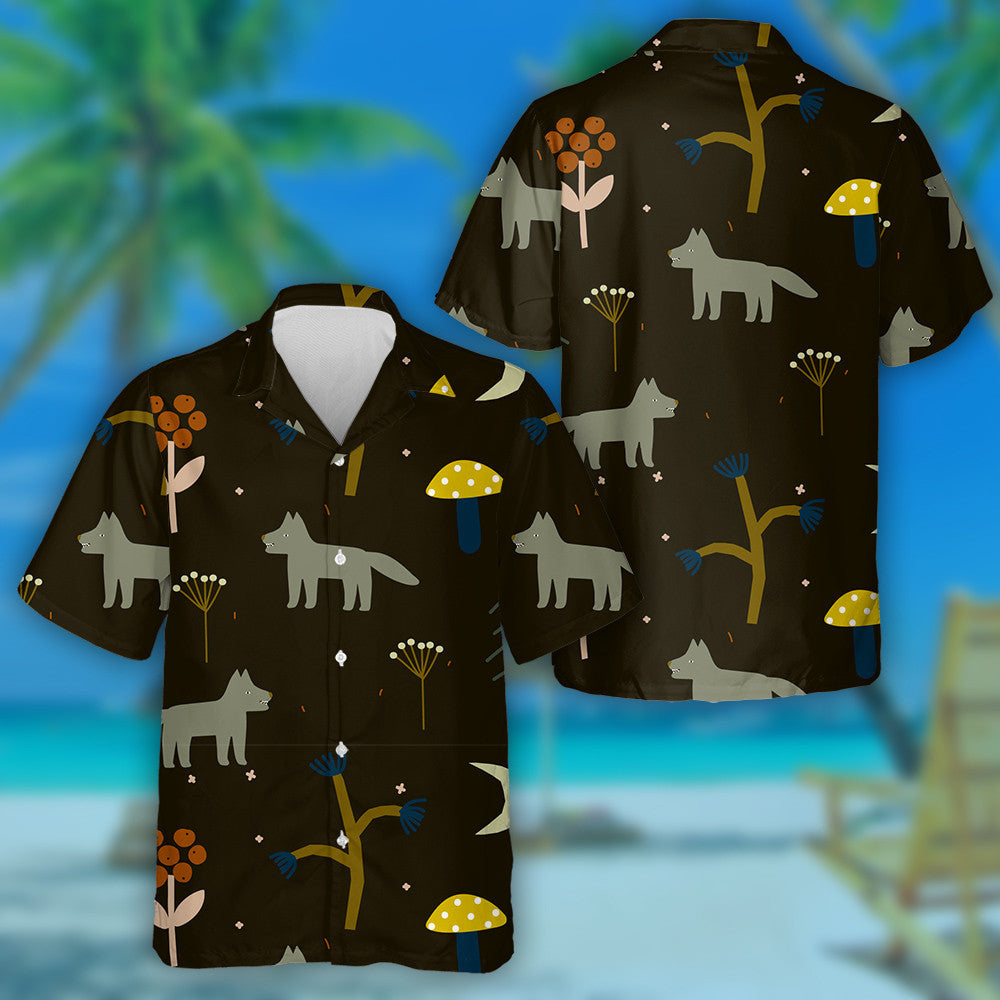 Forest Elements And Wolfs On Dark Background Hawaiian Shirt, Hawaiian Shirt Gift, Christmas Gift