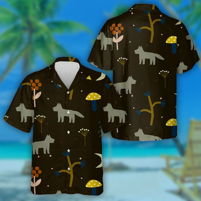 Forest Elements And Wolfs On Dark Background Hawaiian Shirt, Hawaiian Shirt Gift, Christmas Gift