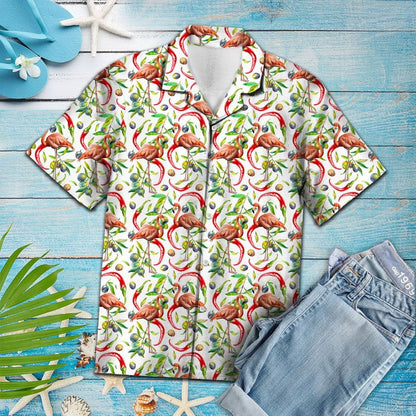 Messy Chili Peppers And Flamingo Pattern Hawaiian Shirt,Hawaiian Shirt Gift, Christmas Gift