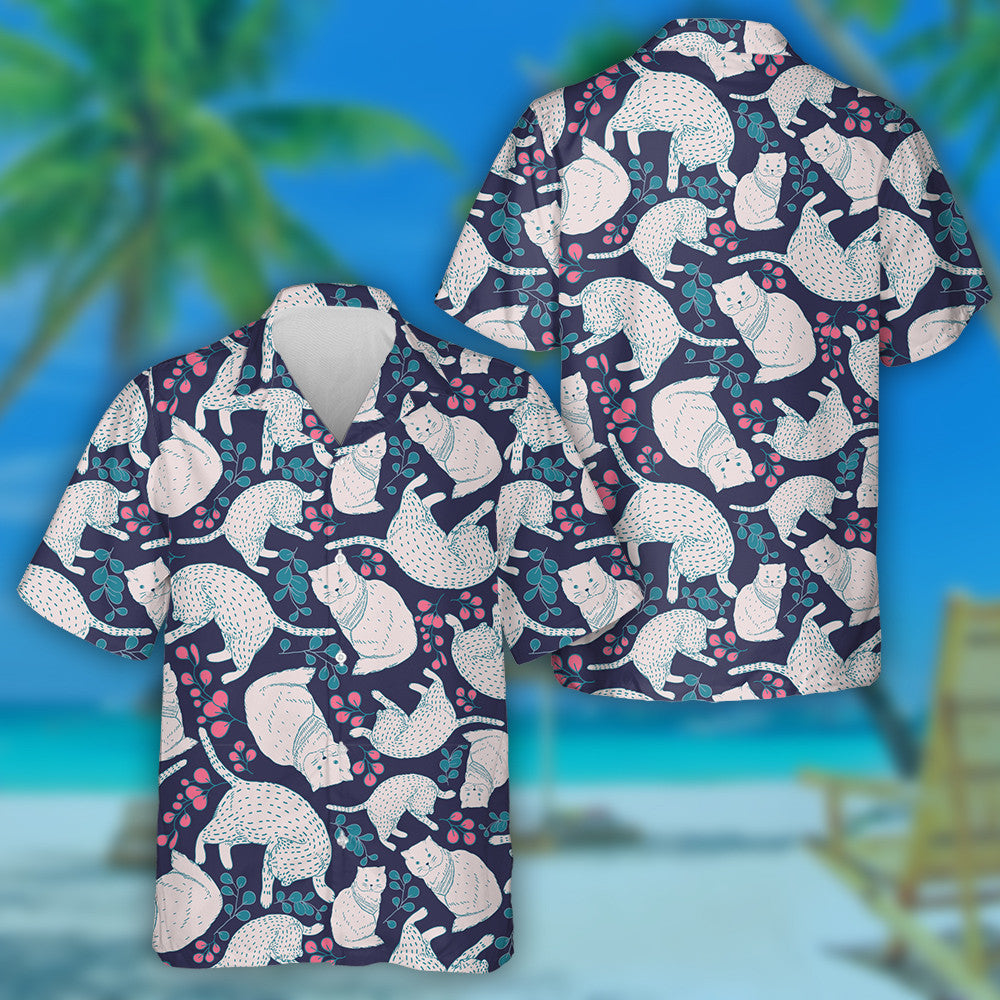 Floral Elements And Cartoon White Cats Hawaiian Shirt,Hawaiian Shirt Gift, Christmas Gift