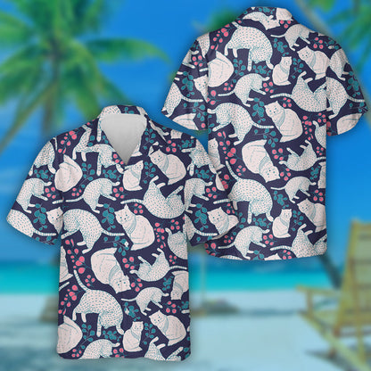 Floral Elements And Cartoon White Cats Hawaiian Shirt,Hawaiian Shirt Gift, Christmas Gift