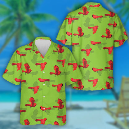Red Cardinal Bird Flying Character Green Background Hawaiian Shirt, Hawaiian Shirt Gift, Christmas Gift