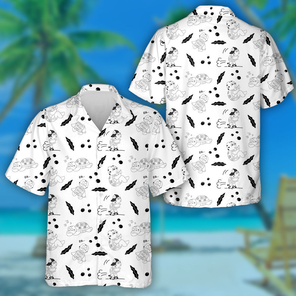 Black And White Cute Characters Of Turtles On Rollers Hawaiian Shirt, Hawaiian Shirt Gift, Christmas Gift