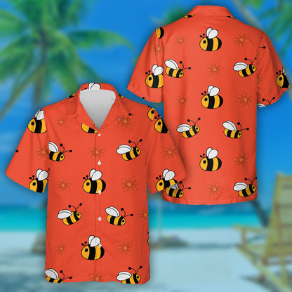 Hand Drawn Bees And Flowers On Red Hawaiian Shirt, Hawaiian Shirt Gift, Christmas Gift