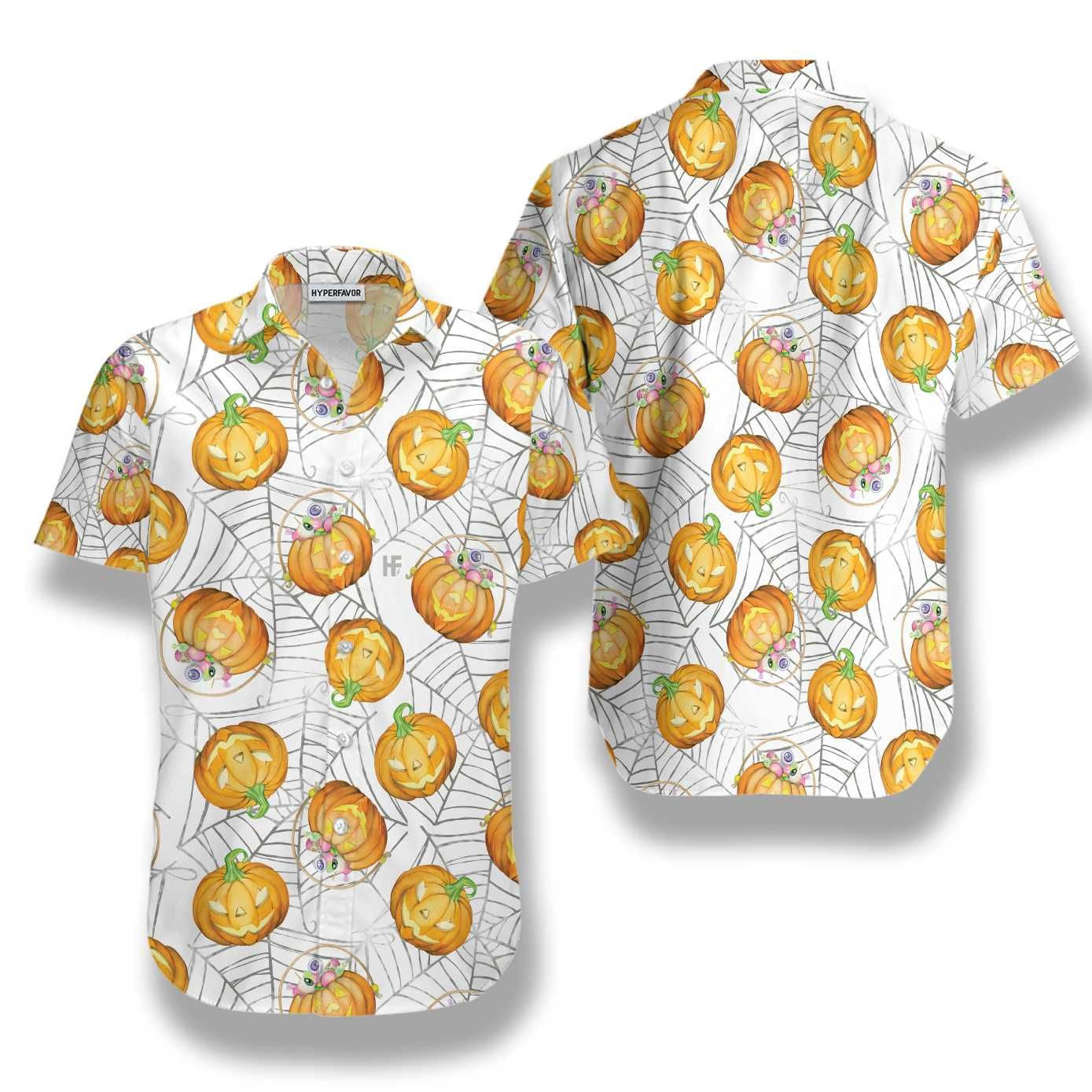 Halloween Pumpkin Candy On Spider Web Dramatic Hawaiian Shirt, Hawaiian Shirt Gift, Christmas Gift