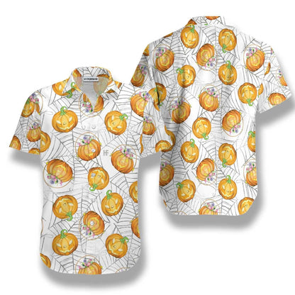 Halloween Pumpkin Candy On Spider Web Dramatic Hawaiian Shirt, Hawaiian Shirt Gift, Christmas Gift
