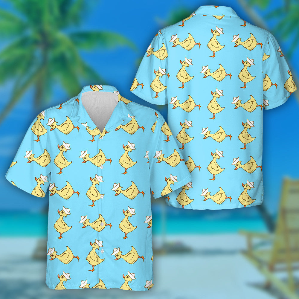 Hand Drawn Duck On Blue Background Hawaiian Shirt, Hawaiian For Gift