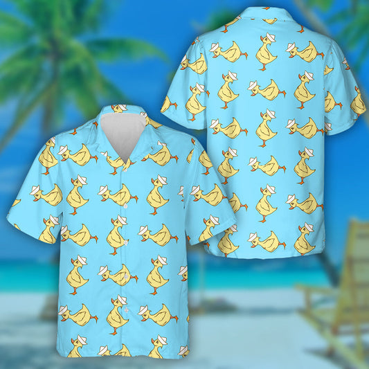 Hand Drawn Duck On Blue Background Hawaiian Shirt, Hawaiian For Gift