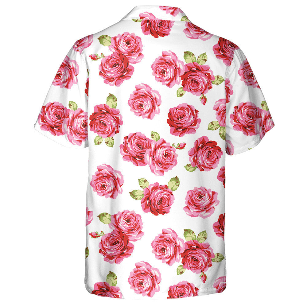 Watercolor Pink Roses Green Leaves Pattern White Theme Hawaiian Shirt, Hawaiian Shirt Gift, Christmas Gift