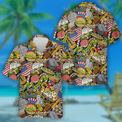 Cartoon Doodles Backdrop With American Culture Symbols And Items Hawaiian Shirt, Hawaiian Shirt Gift, Christmas Gift